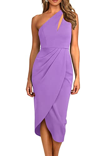 PRETTYGARDEN Women's One Shoulder Ruched Bodycon Dress 2024 Summer Cutout Slit Wrap Party Cocktail Midi Dresses (Purple,Small)