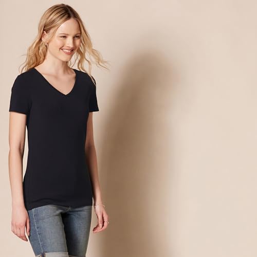 Amazon Essentials Women's Classic-Fit Short-Sleeve V-Neck T-Shirt, Pack of 2, Black, X-Small
