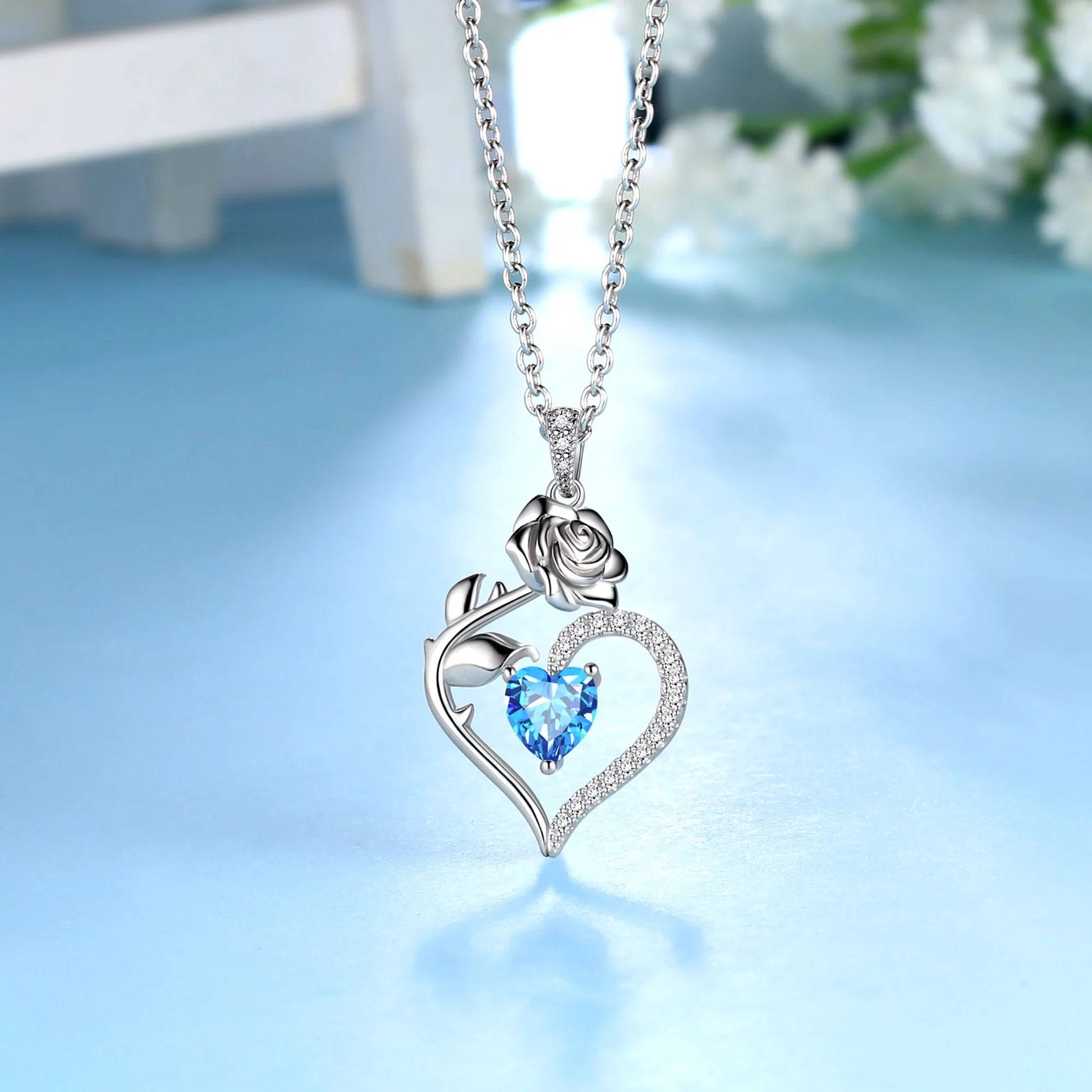 925 Sterling Silver Birthstone Necklace for Women,Rose Flower Heart Pendant Necklace Jewelry Gifts