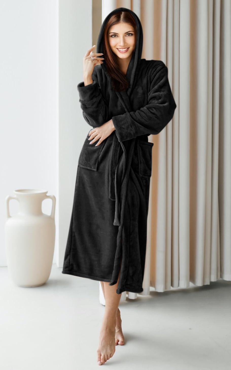 NY Threads Womens Fleece Hooded Bathrobe Plush Long Robe, Large, Black