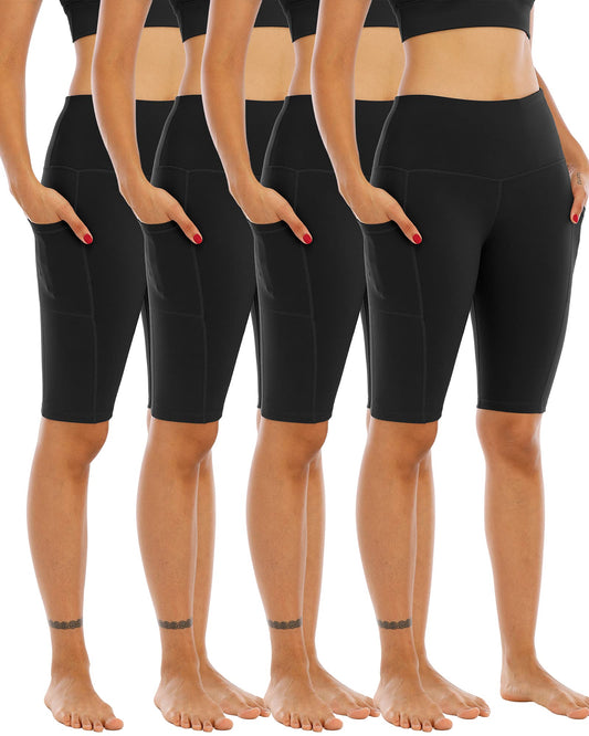 WHOUARE 4 Pack Biker Yoga Shorts with Pockets for Women,High Waisted Athletic Running Workout Gym Shorts Tummy Control,Black,Black,Black,Black,S