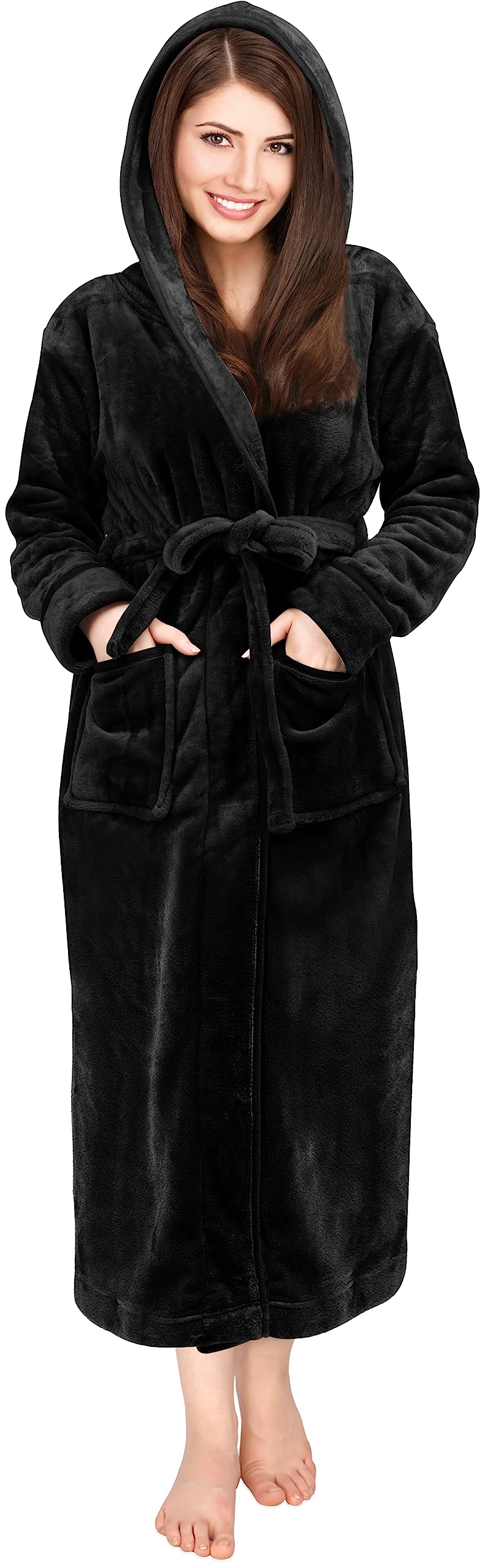 NY Threads Womens Fleece Hooded Bathrobe Plush Long Robe, Large, Black