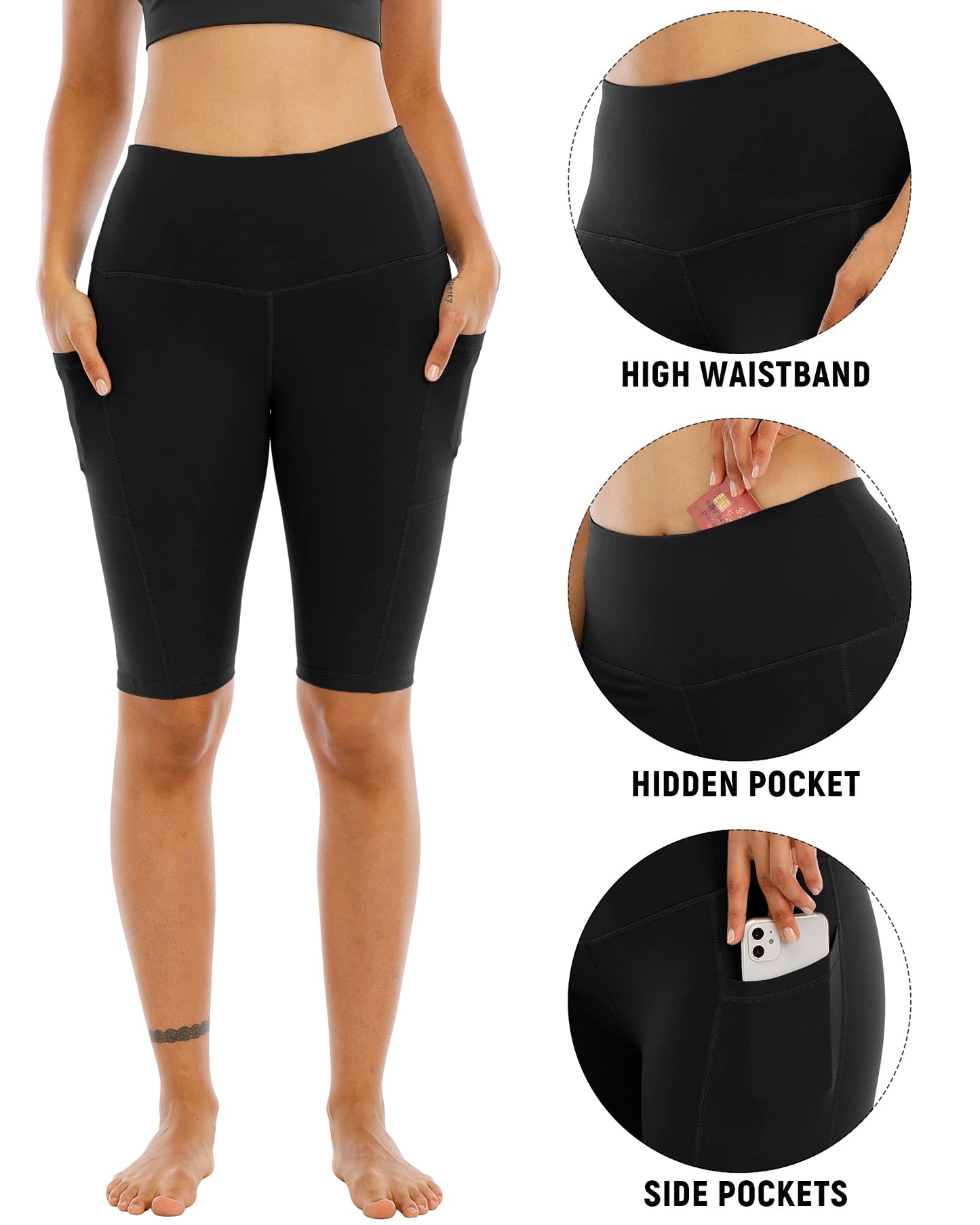 WHOUARE 4 Pack Biker Yoga Shorts with Pockets for Women,High Waisted Athletic Running Workout Gym Shorts Tummy Control,Black,Black,Black,Black,S