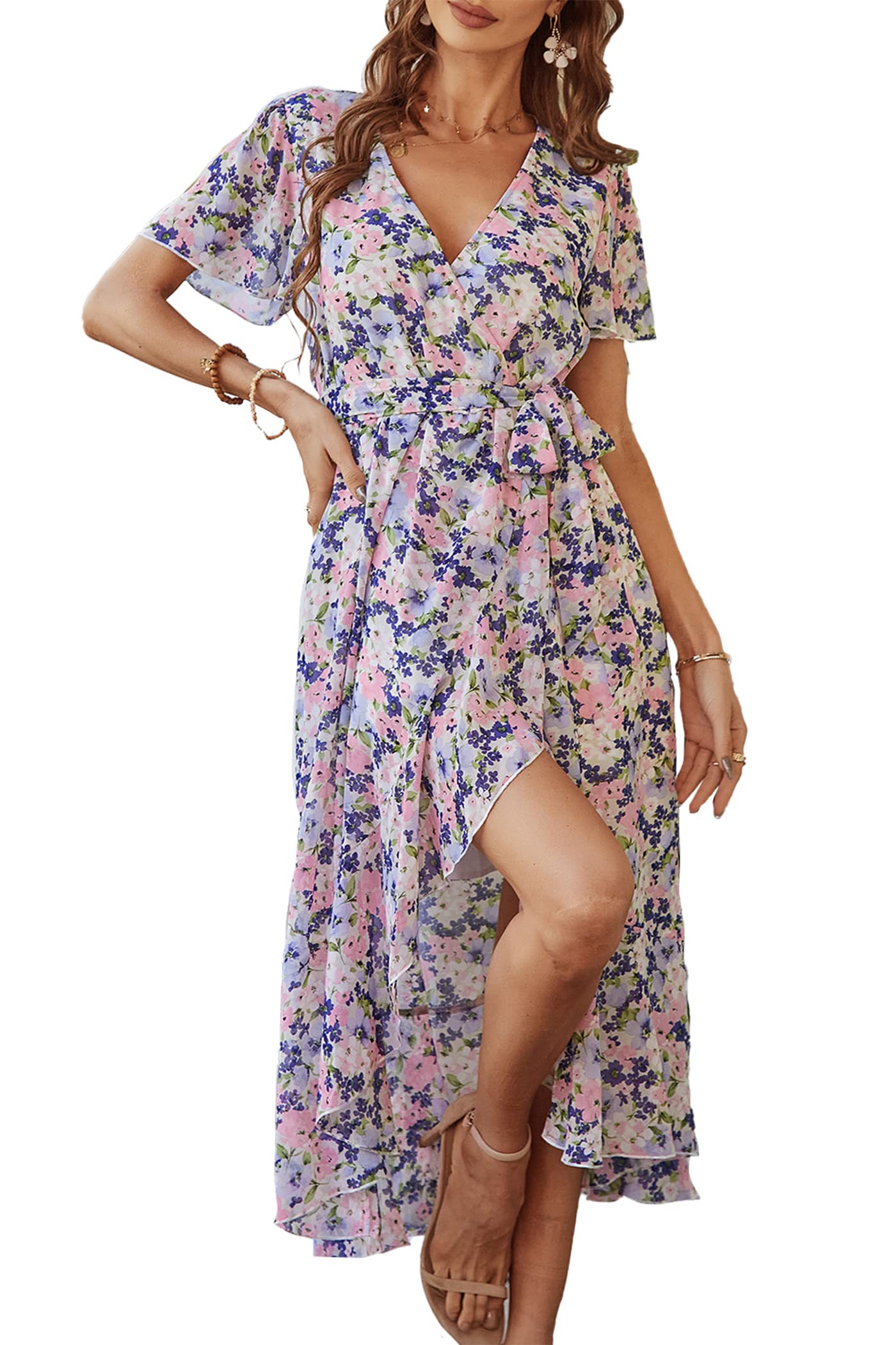 PRETTYGARDEN Women's 2024 Floral Boho Dress Wrap V Neck Short Sleeve Belted Ruffle Hem A-Line Flowy Maxi Dresses (Apricot Floral,Small)